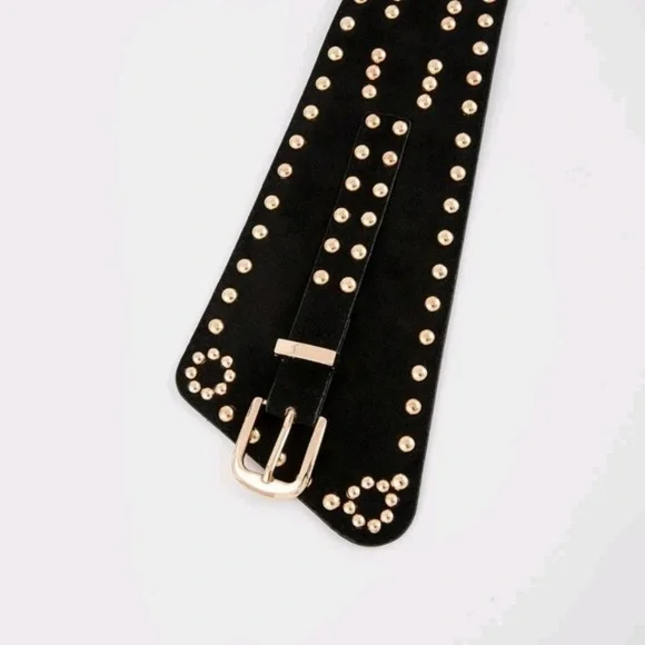 Black vegan faux suede corset gold studs punk wide boho waist belt - Picture 6 of 14